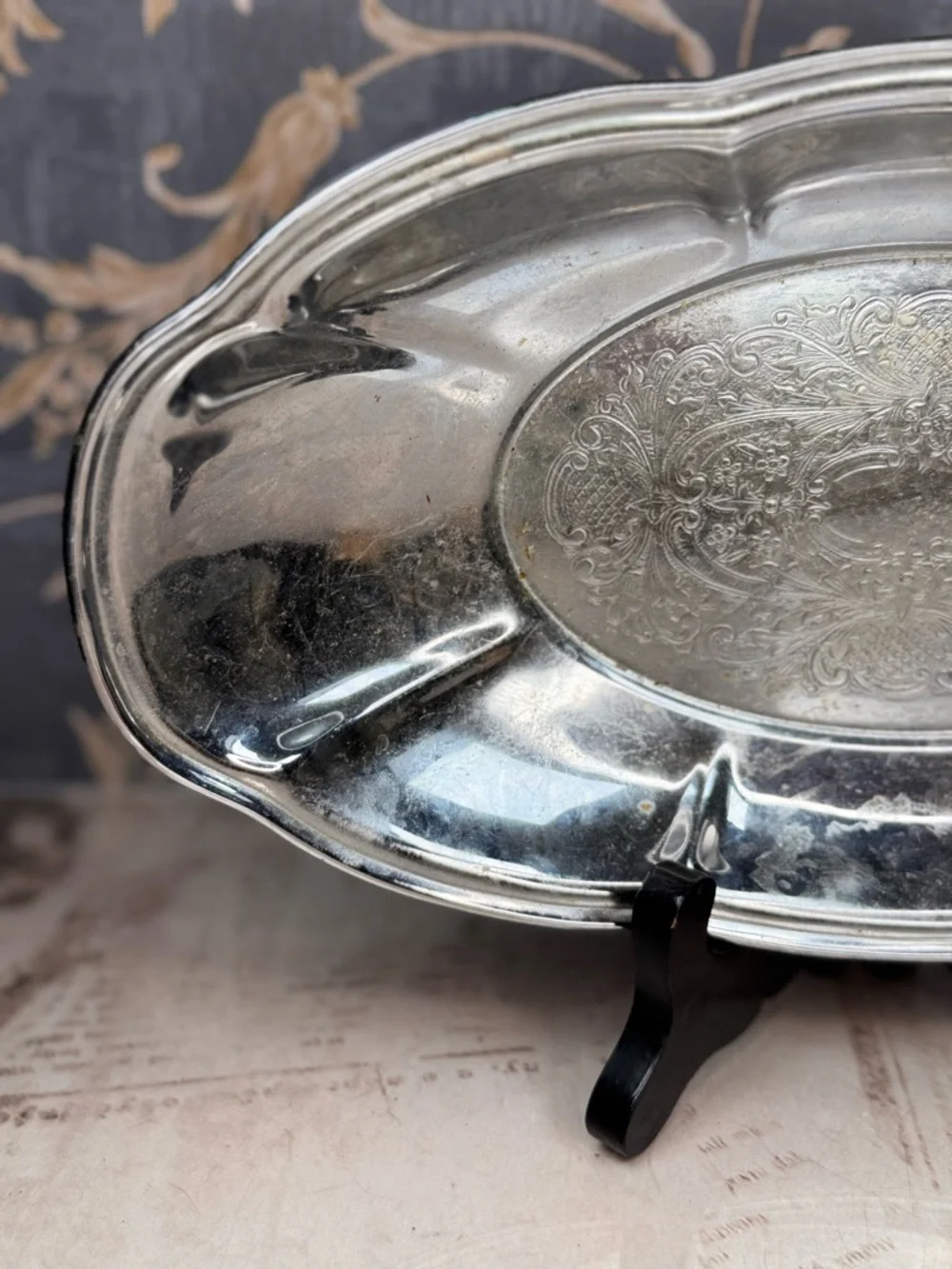 Vintage Silverplate Oval Serving Tray Ornate Engraved Platter 11in